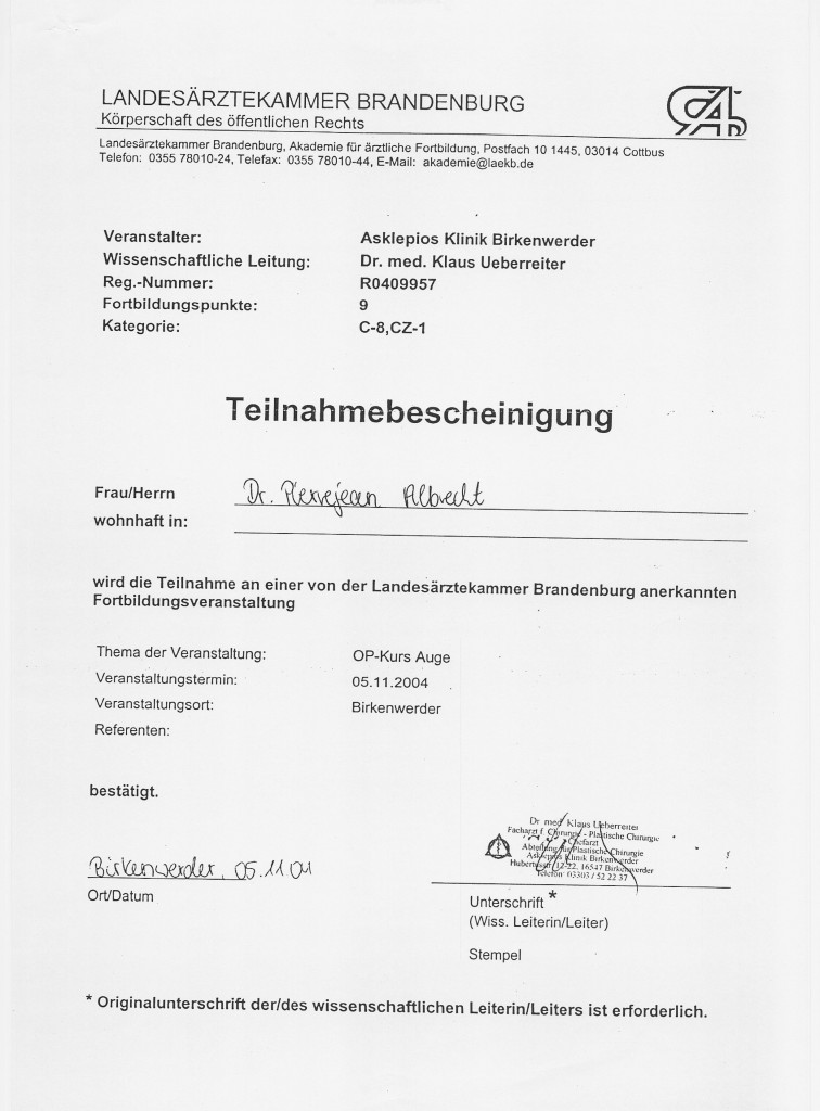 Pierjean Albrecht certificat Symposium Berlin